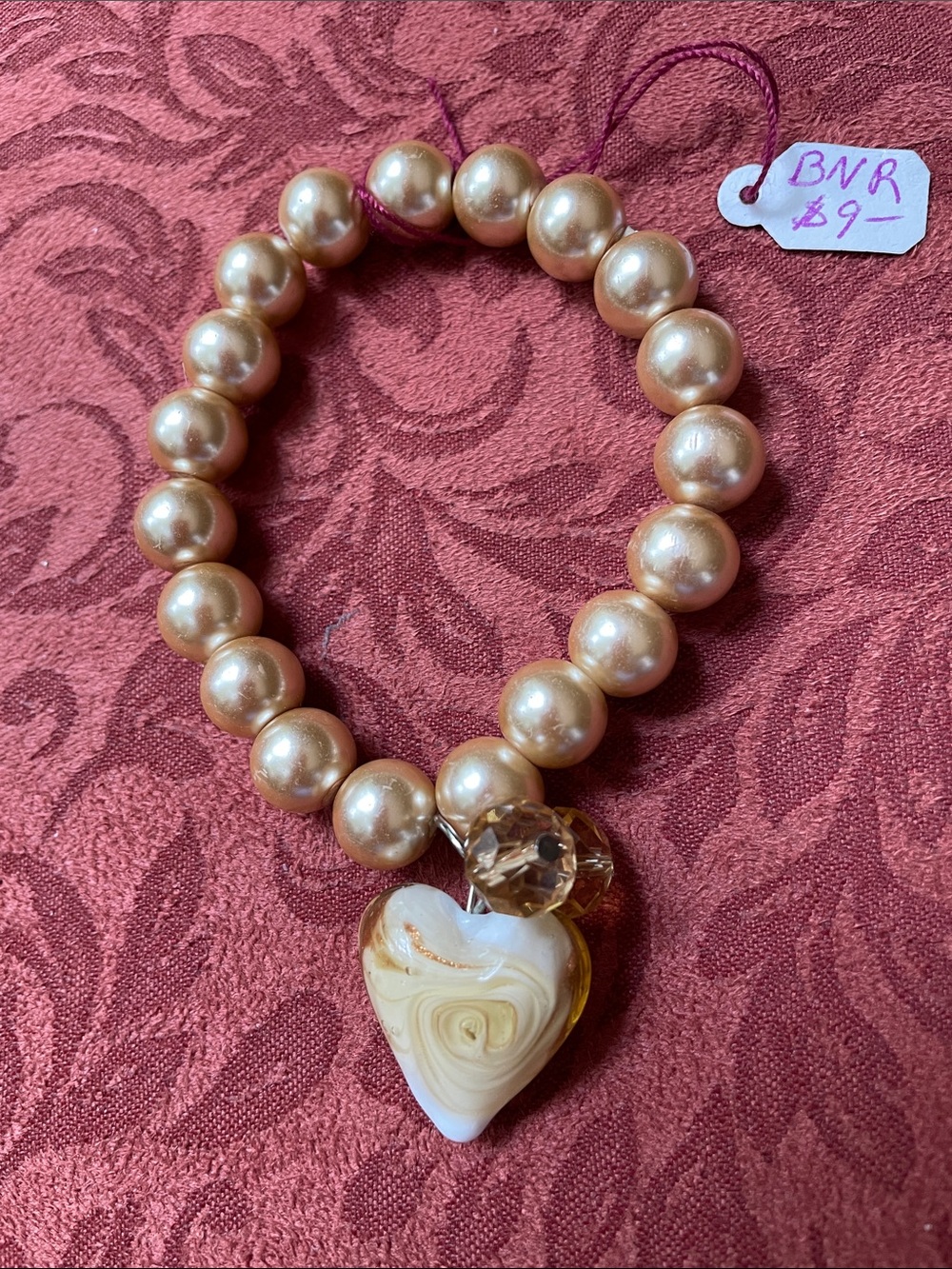 Pearl Gold Faux Bracelet Glass heart and crystal bead charm Sm - Med size